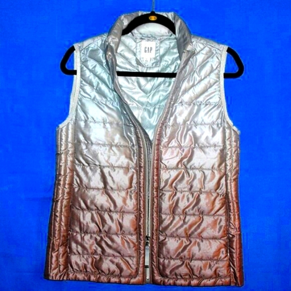 GAP Metallic Puffer Vest - Silver Ombre - Stand Collar - Lightweight Layer-Small